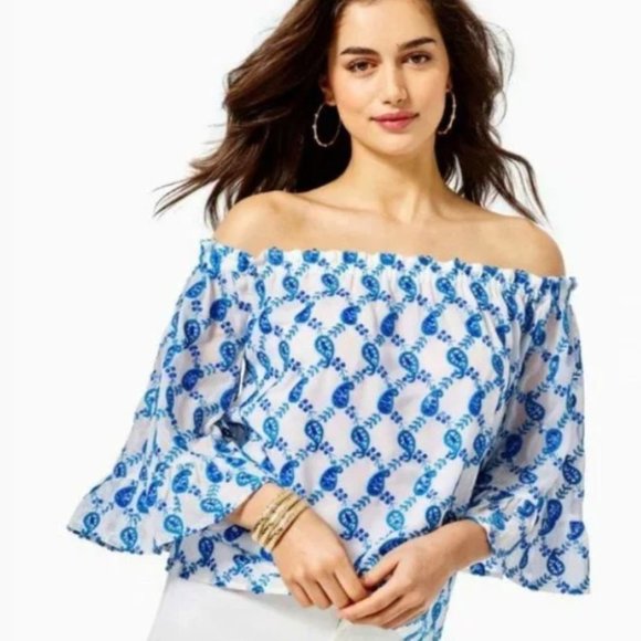 Lilly Pulitzer Tops - Lilly Pulitzer Alva Top in Baha Blue Off the Shoulder Paisley size large